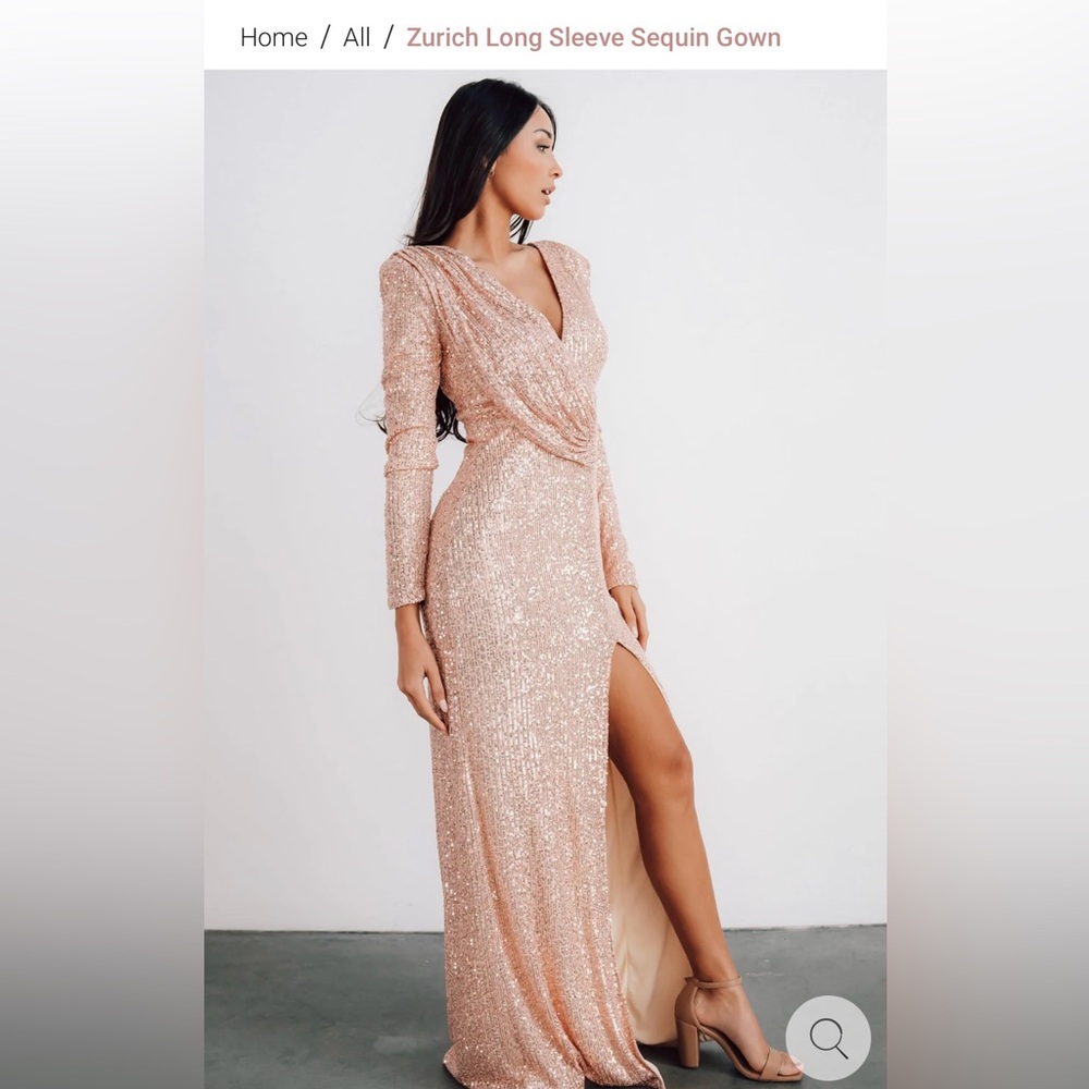 Long Sleeve Sequin Gown - Rose Gold